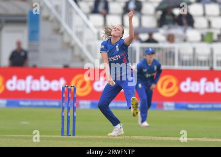 Northampton, England. 12 Sep 2023. Lauren Filer of England Women bowls during the Women's One Day International against Sri Lanka Stock Photo