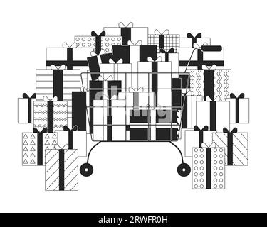 Shopping cart overflowed with gifts black and white 2D line cartoon object Stock Vector