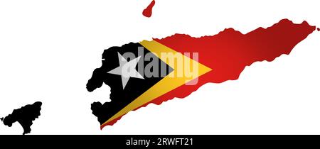 Illustration with national flag with simplified  shape of East Timor map (Timor-Leste). Volume shadow on the map. Jpg. Stock Vector