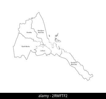 Vector isolated illustration of simplified administrative map of Eritrea. Borders and names of the regions. Black line silhouettes. Stock Vector