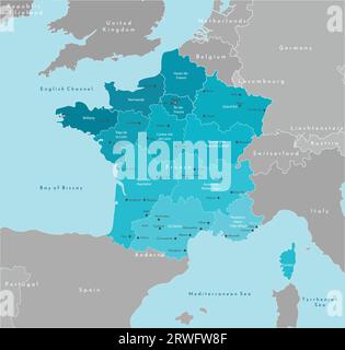 Vector modern illustration. Simplified geographical  map of France and neighboring countries. Blue background of Mediterranean sea. Names of the citie Stock Vector