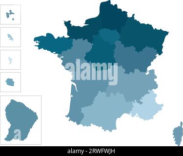 Vector isolated illustration of simplified administrative map of France. Borders  of the regions. Colorful blue silhouettes Stock Vector