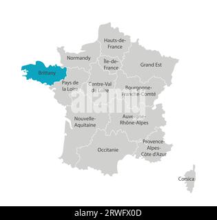 Vector isolated illustration of simplified administrative map of France. Blue shape of Brittany. Borders of the provinces (regions). Grey silhouettes. Stock Vector