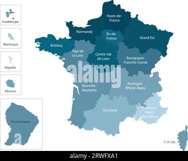 Vector isolated illustration of simplified administrative map of France. Borders and names of the regions. Colorful blue silhouettes Stock Vector