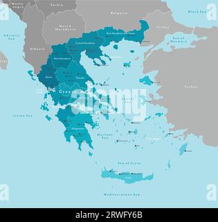 Vector modern illustration. Simplified administrative map of Greece (Hellenic Republic). Border with nearest states (Bulgaria, Turkey and etc). Blue b Stock Vector