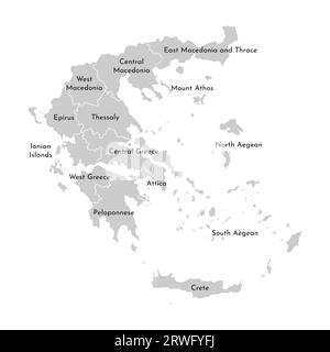 Vector isolated illustration of simplified administrative map of Greece. Borders and names of the provinces (regions). Grey silhouettes. White outline Stock Vector