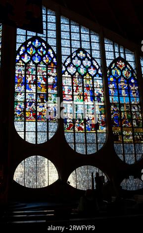 Rouen Normandy France - Stained glass windows in The Church of Saint Joan of Arc is a Catholic church in the city centre of Rouen, northern France. Stock Photo