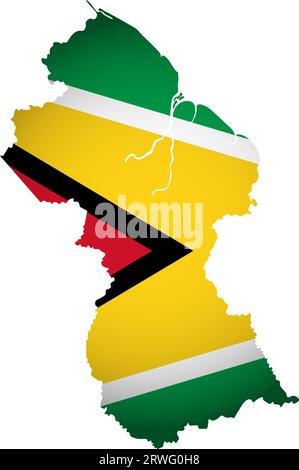 Illustration with Guyanese national flag with simplified  shape of Guyana map (jpg). Volume shadow on the map Stock Vector