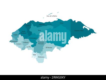 Vector isolated illustration of simplified administrative map of Honduras. Borders and names of the departments (regions). Colorful blue khaki silhoue Stock Vector