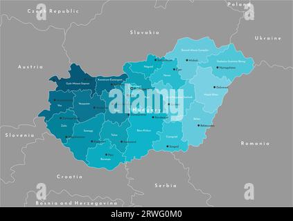 Vector modern illustration. Simplified administrative map of Hungary (in blue) and borders with neighboring countries. Names of hungarian cities and c Stock Vector