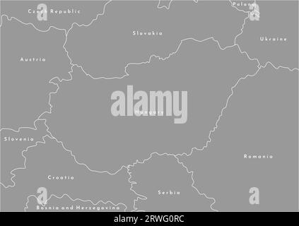 Vector modern illustration. Simplified political map with Hungary in the cener and borders with neighboring countries. Grey color, white outlune Stock Vector
