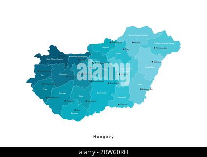 Vector isolated illustration. Simplified administrative map of Hungary (in blue colors). Names of hungarian cities and counties . White background Stock Vector