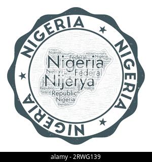 Artistic country badge with word cloud in the shape of Nigeria. Round emblem featuring the country name. Stock Vector