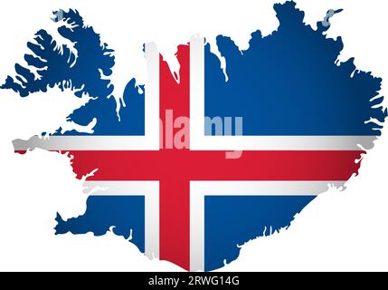 Illustration with Icelandic national flag with simplified  shape of Iceland map (jpg). Volume shadow on the map Stock Vector