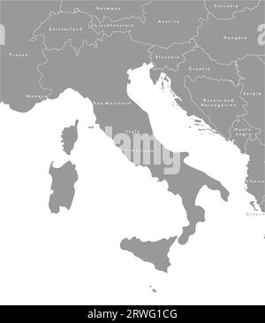 Vector modern illustration. Simplified grey map of Italy in the centre and borders with neighboring european countries. White background and outlines. Stock Vector
