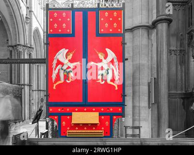 The St Teilo organ, a modern replica of a tudor organ, in the chancel of the norman built medieval cathedral at Lincoln, England, September 2023. Stock Photo