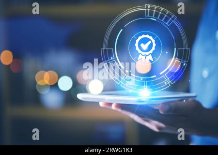 User give rating to service experience on online application for Customer review satisfaction feedback survey concept. Businesswoman holding five star Stock Photo