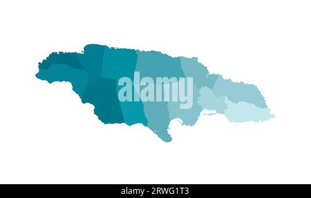 Vector isolated illustration of simplified administrative map of Jamaica. Borders of the parishes (regions). Colorful blue khaki silhouettes. Stock Vector