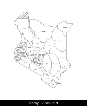 Vector isolated illustration of simplified administrative map of Kenya. Borders and names of the counties (regions). Black line silhouettes. Stock Vector