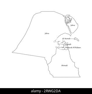 Vector isolated illustration of simplified administrative map of Kuwait. Borders of the governorates. Black line silhouettes Stock Vector