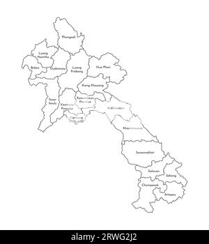 Vector isolated illustration of simplified administrative map of Laos. Borders and names of the regions. Black line silhouettes. Stock Vector