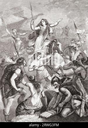 Boudica or Boudicca, aka Boadicea, Boudicea, Buddug. Queen of the ancient British Iceni tribe, leader of a failed uprising against the conquering forces of the Roman Empire in AD 60 or 61. From Cassell's Illustrated History of England, published 1857. Stock Photo