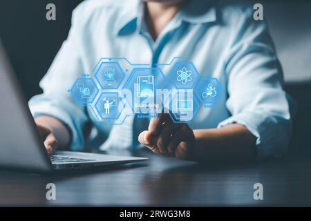 E-learning education internet technology webinar online courses concept. Online education training and e-learning webinar on internet for personal dev Stock Photo
