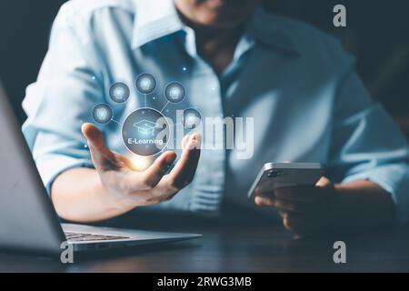 E-learning education internet technology webinar online courses concept. Online education training and e-learning webinar on internet for personal dev Stock Photo