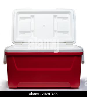 Portable red plastic cooler box open isolated on white studio background Stock Photo