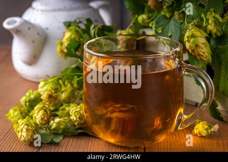 Herbal hop cones and flowers tea. Organic raw alternative hot drink, with fresh hop cones on wooden table copy space Stock Photo