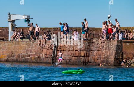 Children jumping into sea from quayside in hot Summer weather, North Berwick harbour, East Lothian, Scotland, UK Stock Photo