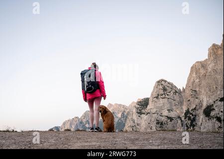 Female hiker in pink jacket standing on top of a mountain with her purebred golden labrador retriever dog. With beautiful view of high rocky mountains Stock Photo