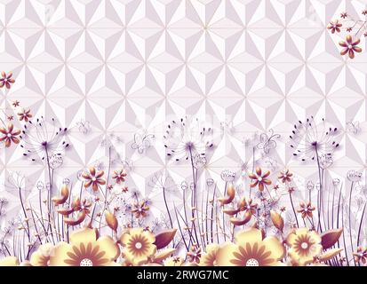 3d spring flower tile background illustration wallpaper for home decoration  |  beautiful wall background  |  home decoration wallpapers Stock Photo