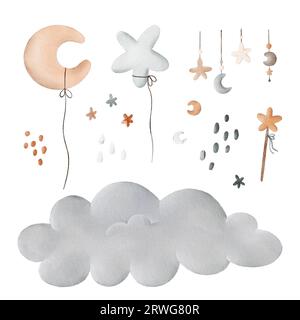 Set of watercolor baby illustrations with cloud, moon, stars and air balloons. Perfect for textiles, packaging, cards, brochures, baby shower, posters Stock Photo