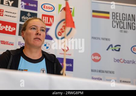 Nieuw Amsterdam, Netherlands. 19th Sep, 2023. Belgian Sara Van de Vel of Fenix-Deceuninck Development Team pictured during a press conference of the Belgian team, ahead of the time trial race at the UEC Road European Championships, in Nieuw-Amsterdam, Drenthe province, North-East of The Netherlands, Tuesday 19 September 2023. The European cycling championships takes place from 20 to 24 september. BELGA PHOTO DAVID PINTENS Credit: Belga News Agency/Alamy Live News Stock Photo