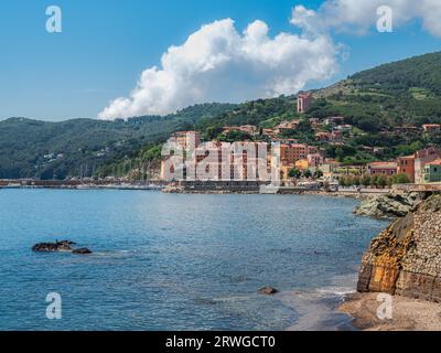 View on the town and shore near Rio Marina, Elba Stock Photo