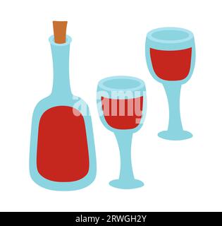 Two glasses and red wine bottle. Vector flat illustration. Stock Vector