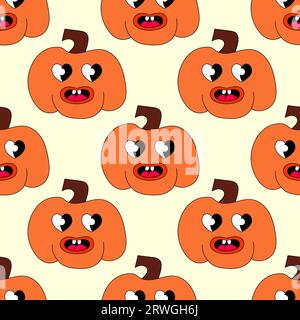 Retro 70s 60s 80s Hippie Groovy Halloween seamless pattern with smile pumpkins. Vector flat illustration. Stock Vector