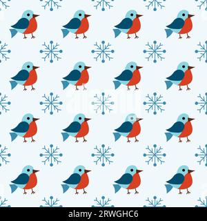 Christmas winter seamless pattern with cute birds bullfinches and snowflakes. Vector flat background. Stock Vector