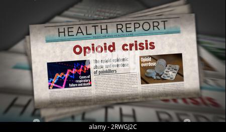 Opioid crisis painkiller abuse and overdose problem vintage news and newspaper printing. Abstract concept retro headlines 3d illustration. Stock Photo