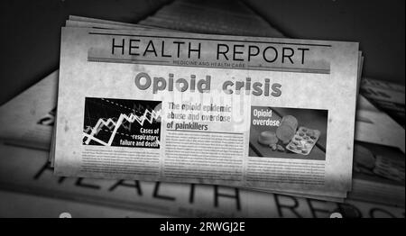 Opioid crisis painkiller abuse and overdose problem vintage news and newspaper printing. Abstract concept retro headlines 3d illustration. Stock Photo