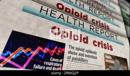 Opioid crisis painkiller abuse and overdose problem vintage news and newspaper printing. Abstract concept retro headlines 3d illustration. Stock Photo