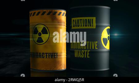 Nuclear radioactive waste barrels concept. Danger radiation pollution industrial containers 3d illustration. Stock Photo