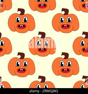 Retro 70s 60s 80s Hippie Groovy Halloween seamless pattern with pumpkins. Funny smile face. Vector flat illustration. Stock Vector