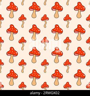 Retro 70s 60s 80s Hippie Groovy mushrooms fly agarics psychedelic seamless pattern. Vector illustration. Boho style. Stock Vector