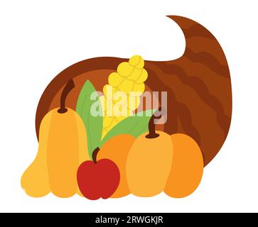 Thanksgiving Day cornucopia full of harvest. Apple, pumpkins and corn. Happy Harvest. Vector flat illustration. Stock Vector