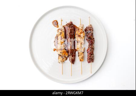 Japanese cuisine Grilled, various kind of teriyaki skewers Yakitori isolated Stock Photo