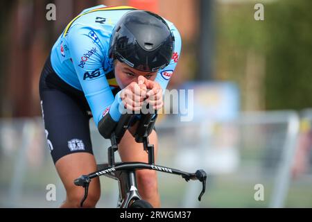 Nieuw Amsterdam, Netherlands. 19th Sep, 2023. Belgian Sara Van de Vel of Fenix-Deceuninck Development Team pictured in action during a training session, ahead of the time trial race at the UEC Road European Championships, in Nieuw-Amsterdam, Drenthe province, North-East of The Netherlands, Tuesday 19 September 2023. The European cycling championships takes place from 20 to 24 september. BELGA PHOTO DAVID PINTENS Credit: Belga News Agency/Alamy Live News Stock Photo