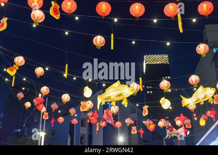 Chinese lanterns and lights in famous Jalan Alor street food in Kuala Lumpur at night Stock Photo