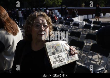 Mexico City, Mexico. 19th Sep, 2023. Colonists of the Nuevo Leon building (collapsed in the 1985 earthquake) and the Nonoalco Tlatelolco Housing Unit commemorate the 38 years of the earthquake and remember those who died in the tragedy in Mexico City. on September 19, 2023 in Mexico City, Mexico (Credit Image: © Luis Barron/eyepix via ZUMA Press Wire) EDITORIAL USAGE ONLY! Not for Commercial USAGE! Stock Photo